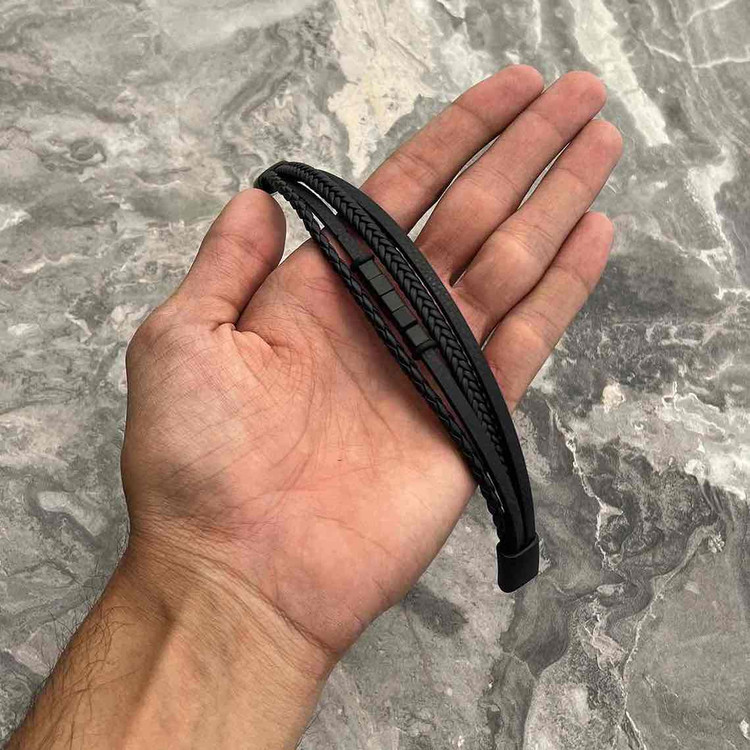 دستبند چرم و استیل ۴ لاین