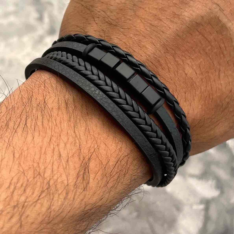 دستبند چرم و استیل ۴ لاین